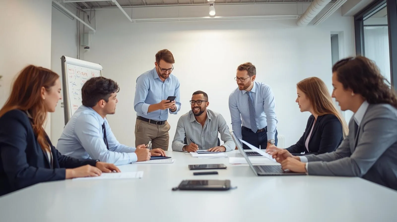 Sześć osób podczas spotkania biznesowego w nowoczesnej sali konferencyjnej – część siedzi przy stole z laptopami i dokumentami, dwaj mężczyźni stoją i omawiają coś na smartfonie; w tle widoczna tablica z notatkami. Atmosfera współpracy i zaangażowania zespołu.