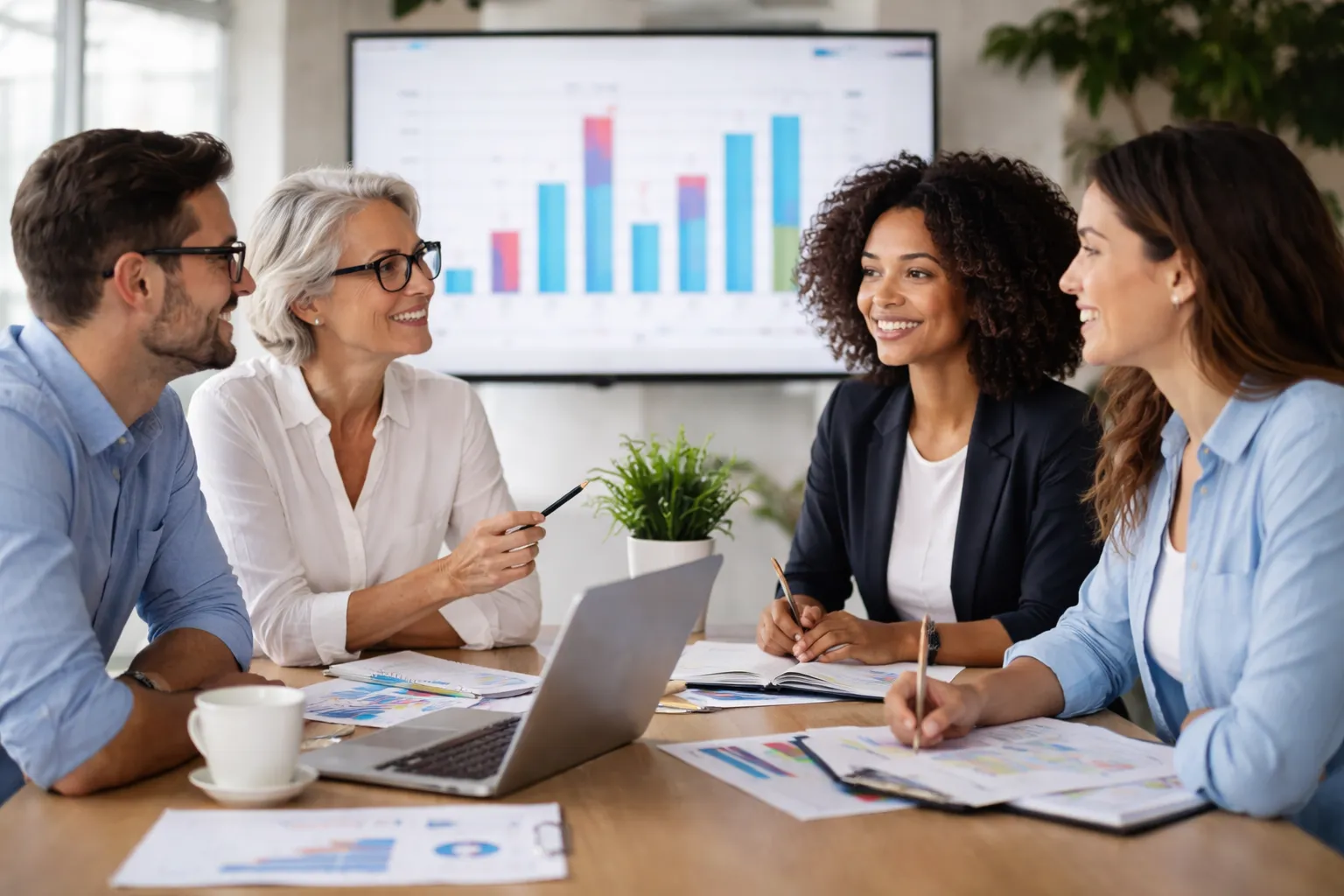 Zbliżenie na cztery osoby podczas spotkania w sali konferencyjnej. Siedzą przy stole z laptopem i wydrukowanymi wykresami, rozmawiają i analizują dane wyświetlane na ekranie w tle. Jasne, nowoczesne biuro, atmosfera współpracy i koncentracji na wynikach.