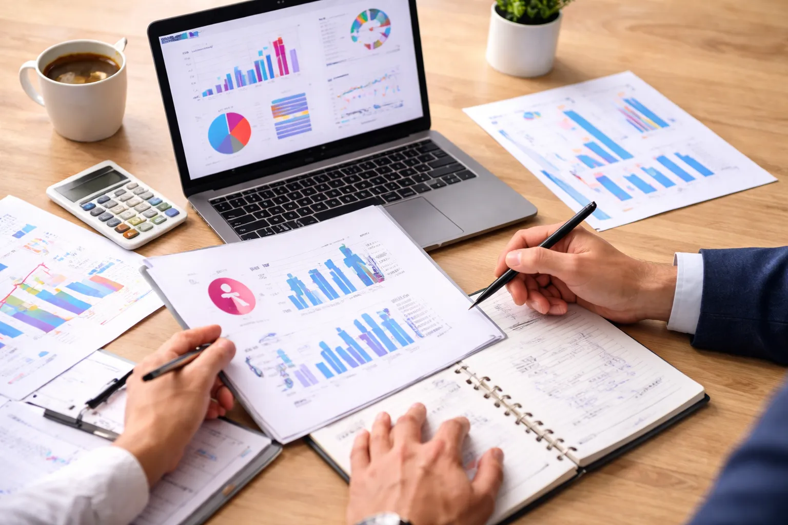 Widok z góry na biurko, przy którym dwie osoby analizują raport z wykresami na laptopie i wydrukach; jedna notuje w zeszycie, obok leżą kalkulator i filiżanka kawy
